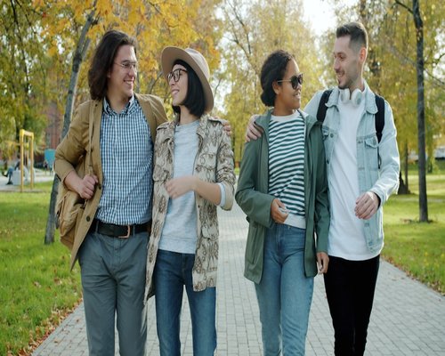 Group of friends walking outdoors talking